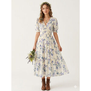 By The River Floral Midi Dress Womens S Cream-Purple Ruffle Romantic Cottage